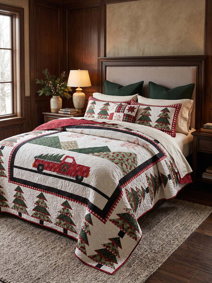 Christmas Tree Farm Truck Quilted 3-Piece Bedding Set