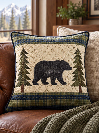 Bear Cabin Woodland Patchwork-Style Quilted Pillow Cover