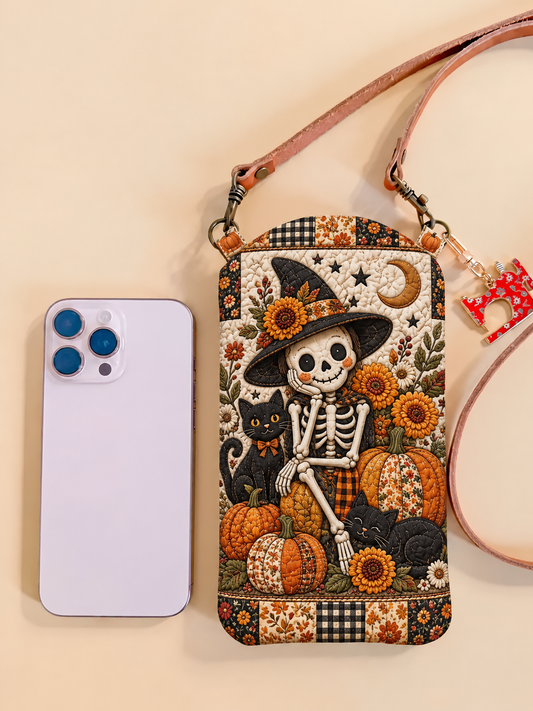 Smalle gewatteerde telefoonhoes – Skelet en zonnebloemen voor Halloween
