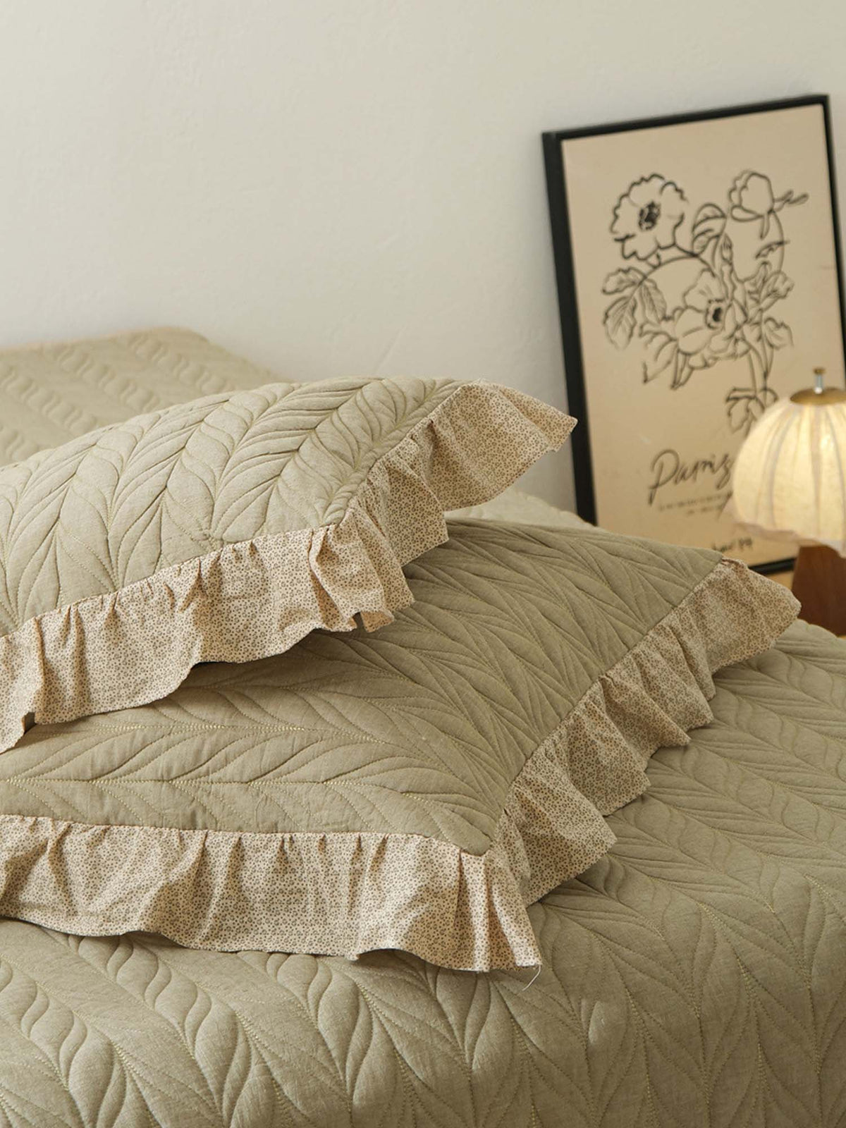 Sage Leaf Double-Layer Gauze Quilted 3-Piece Bedding Set