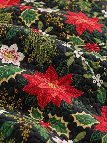 Poinsettia Holly Christmas Quilted 3-Piece Bedding Set