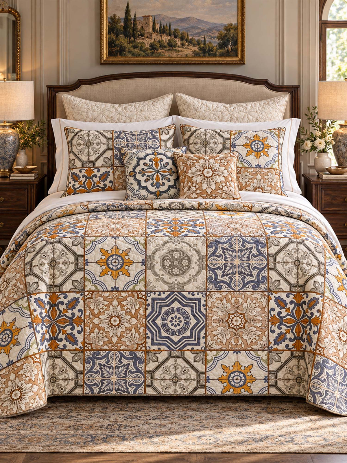 Mediterranean Tile Patchwork Quilted 3-Piece Bedding Set