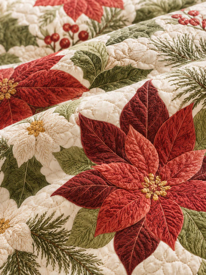 Poinsettia Botanical Christmas Quilted 3-Piece Bedding Set