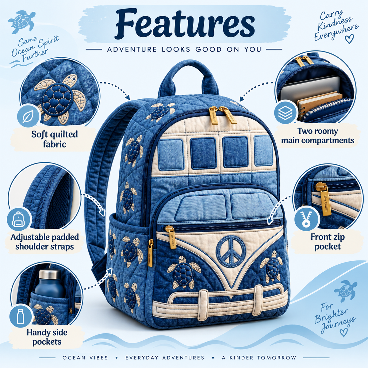 Quilted Boho Rucksack – Denim with Sea Turtle