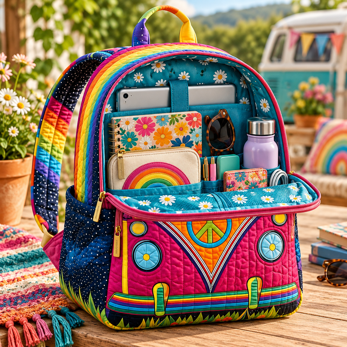 Quilted Boho Rucksack – Colourful Bus