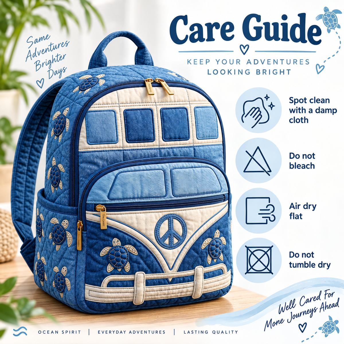Quilted Boho Rucksack – Denim with Sea Turtle