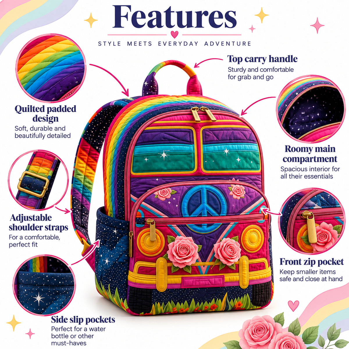 Quilted Boho Rucksack – Rainbow and Roses