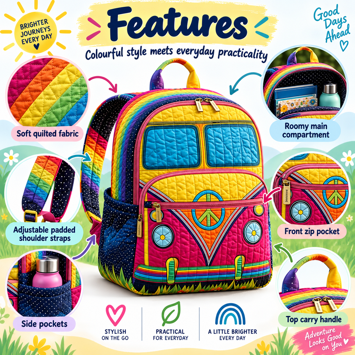 Quilted Boho Rucksack – Colourful Bus