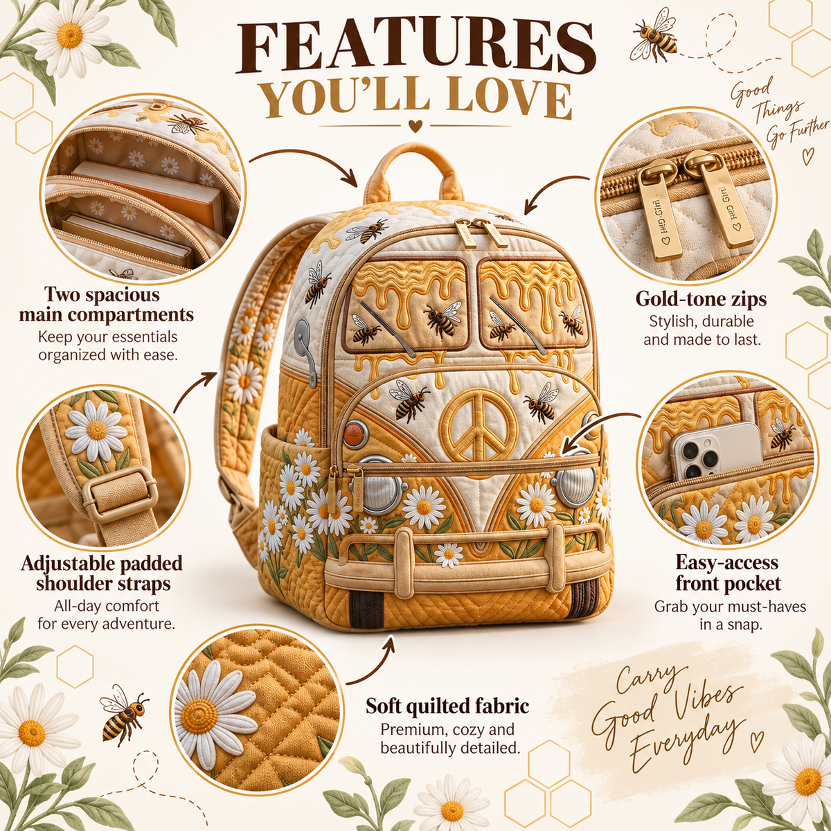 Quilted Boho Rucksack – Bees and Honey
