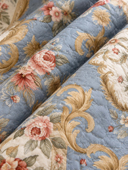 Vintage Blue Floral Baroque Quilted 3-Piece Bedding Set