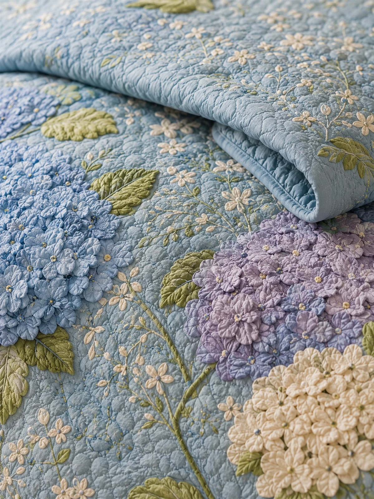 H.PAI Blue Hydrangea Floral Quilted 3-Piece Bedding Set