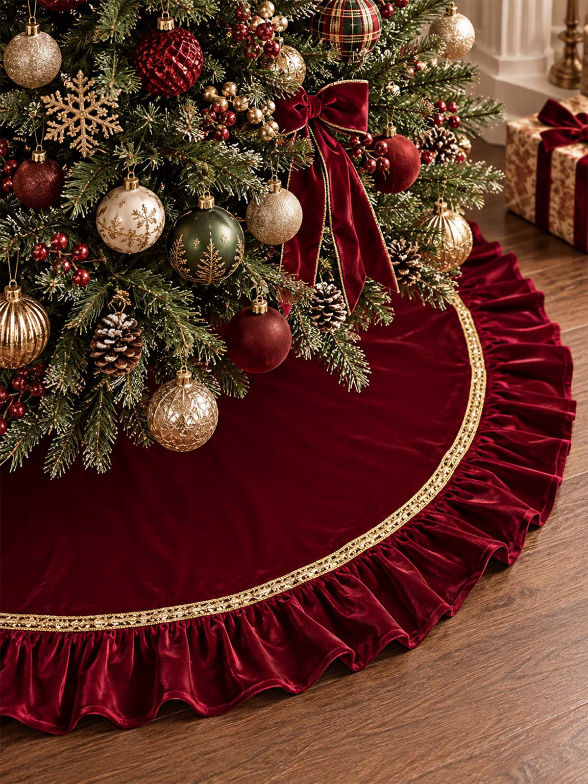 Burgundy Velvet Ruffled Christmas Tree Skirt with Gold Trim