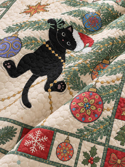 Festive Black Cat Christmas Quilted 3-Piece Bedding Set