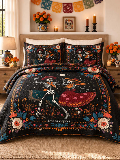 Dancing Skeletons Day of the Dead Quilted 3-Piece Bedding Set