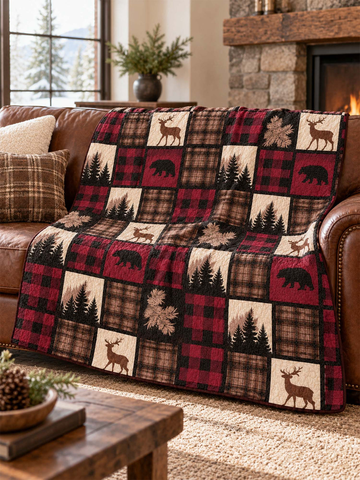 Burgundy Bear & Deer Plaid Woodland Quilted Blanket