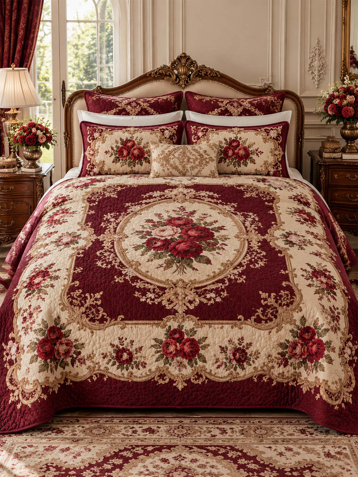 Vintage Burgundy Rose Baroque Quilted 3-Piece Bedding Set