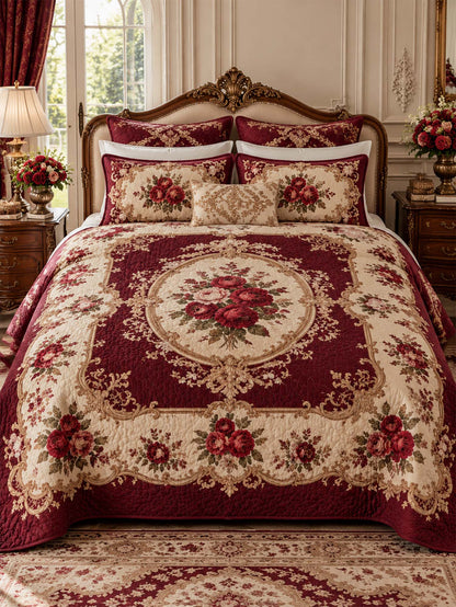 Vintage Burgundy Rose Baroque Quilted 3-Piece Bedding Set