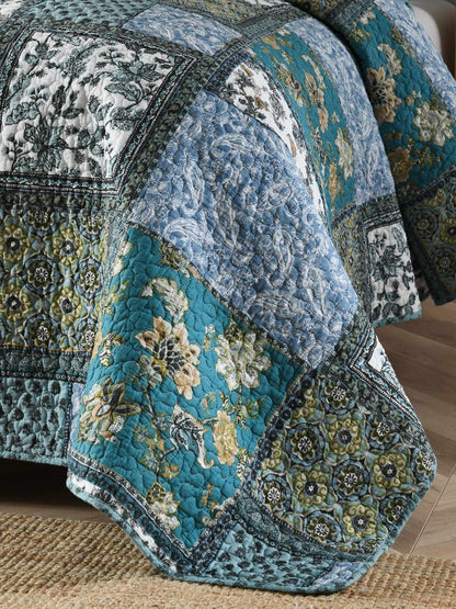 Teal Blue Floral Block Patchwork Quilted 3‑Piece Bedding Set