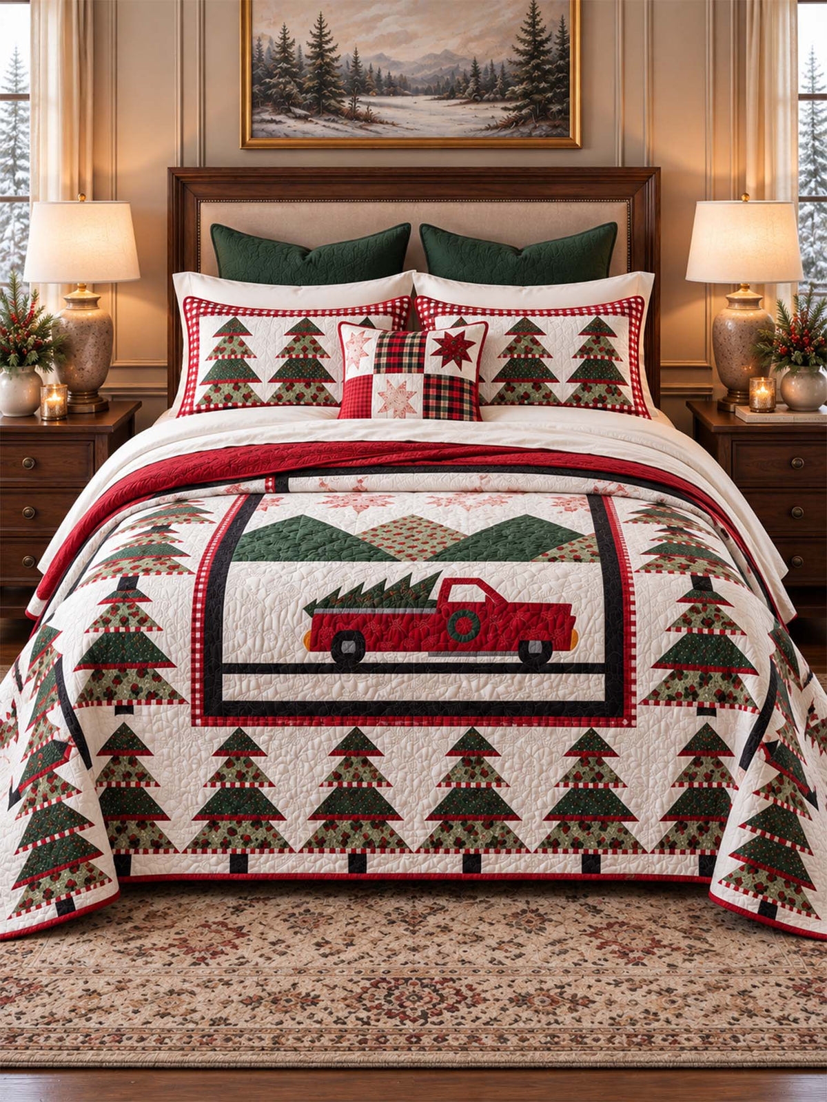 Christmas Tree Farm Truck Quilted 3-Piece Bedding Set