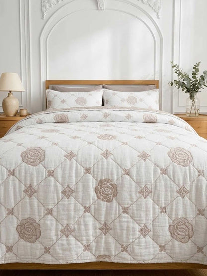 Light Taupe Rose Diamond Grid Quilted Bedspread Cotton Puff Quilt Blanket