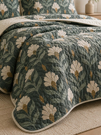 H.PAI Forest Ivory Floral Quilted 3-Piece Bedding Set