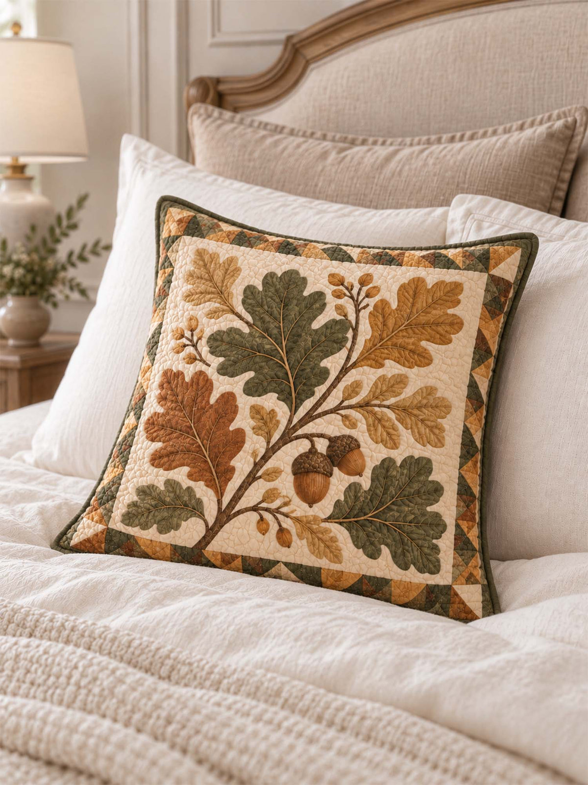Autumn Oak Leaves & Acorn Quilted Pillow Cover