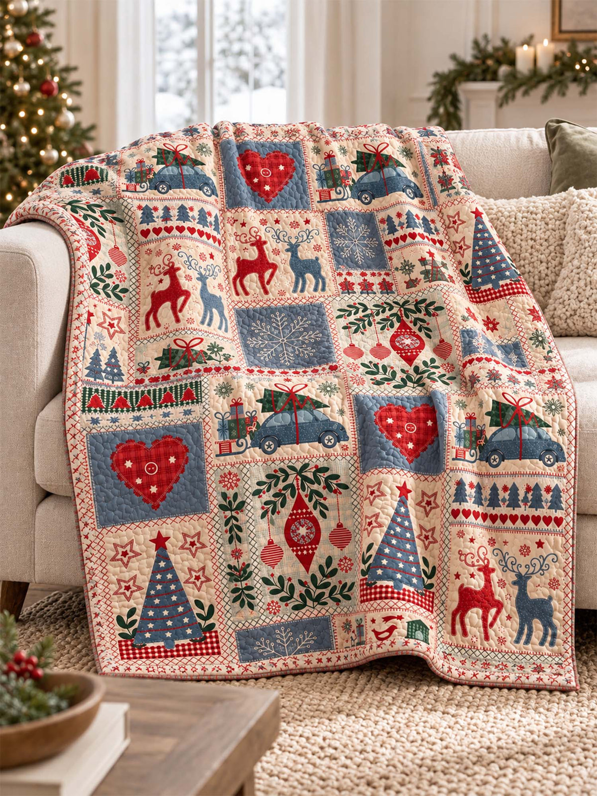 Nordic Christmas Reindeer & Gift Car Quilted Blanket