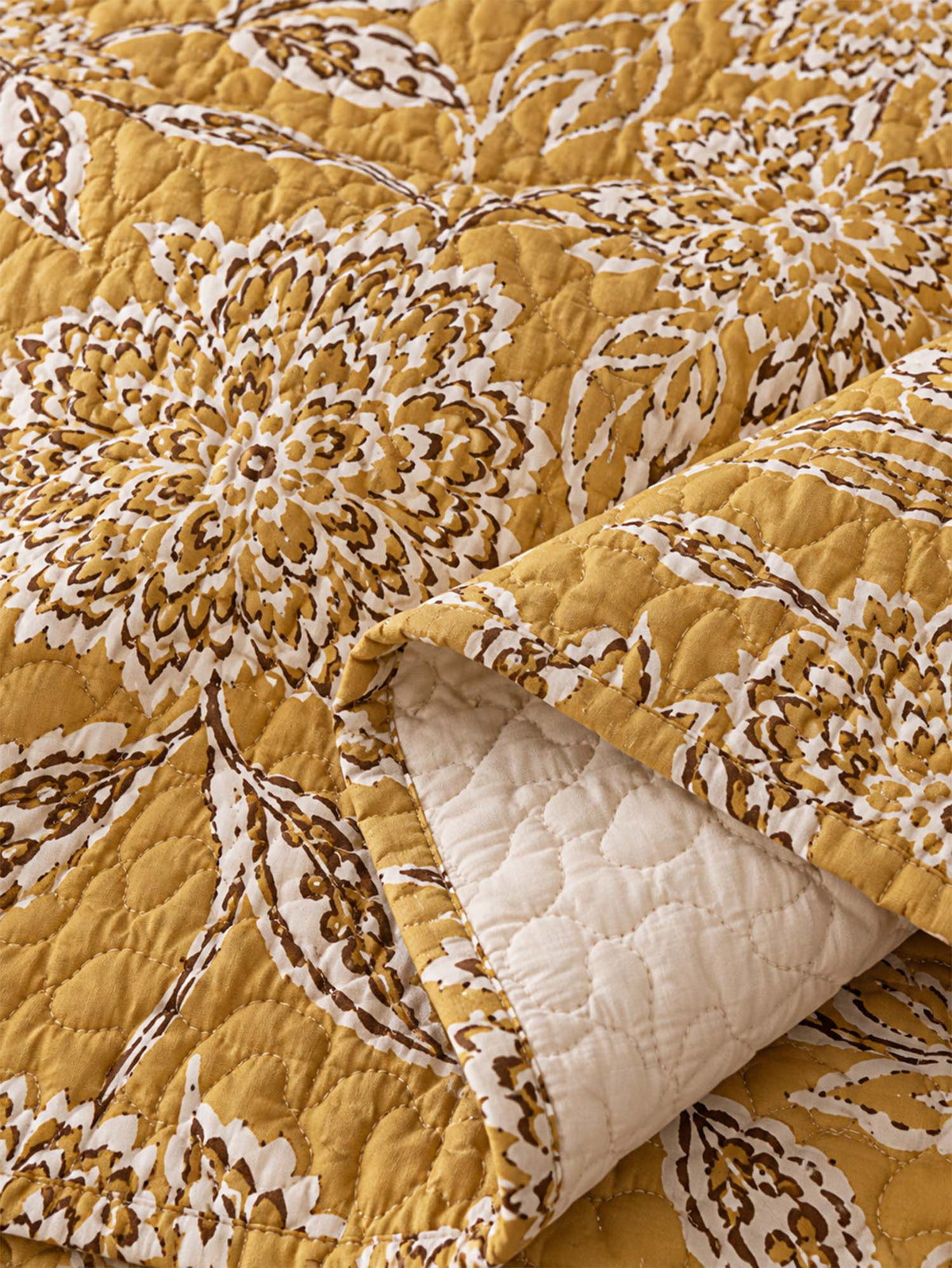Mustard Botanical Floral Quilted 3-Piece Bedding Set
