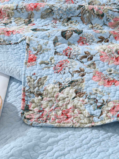Light Blue Vintage Rose Floral Quilted 3‑Piece Bedding Set