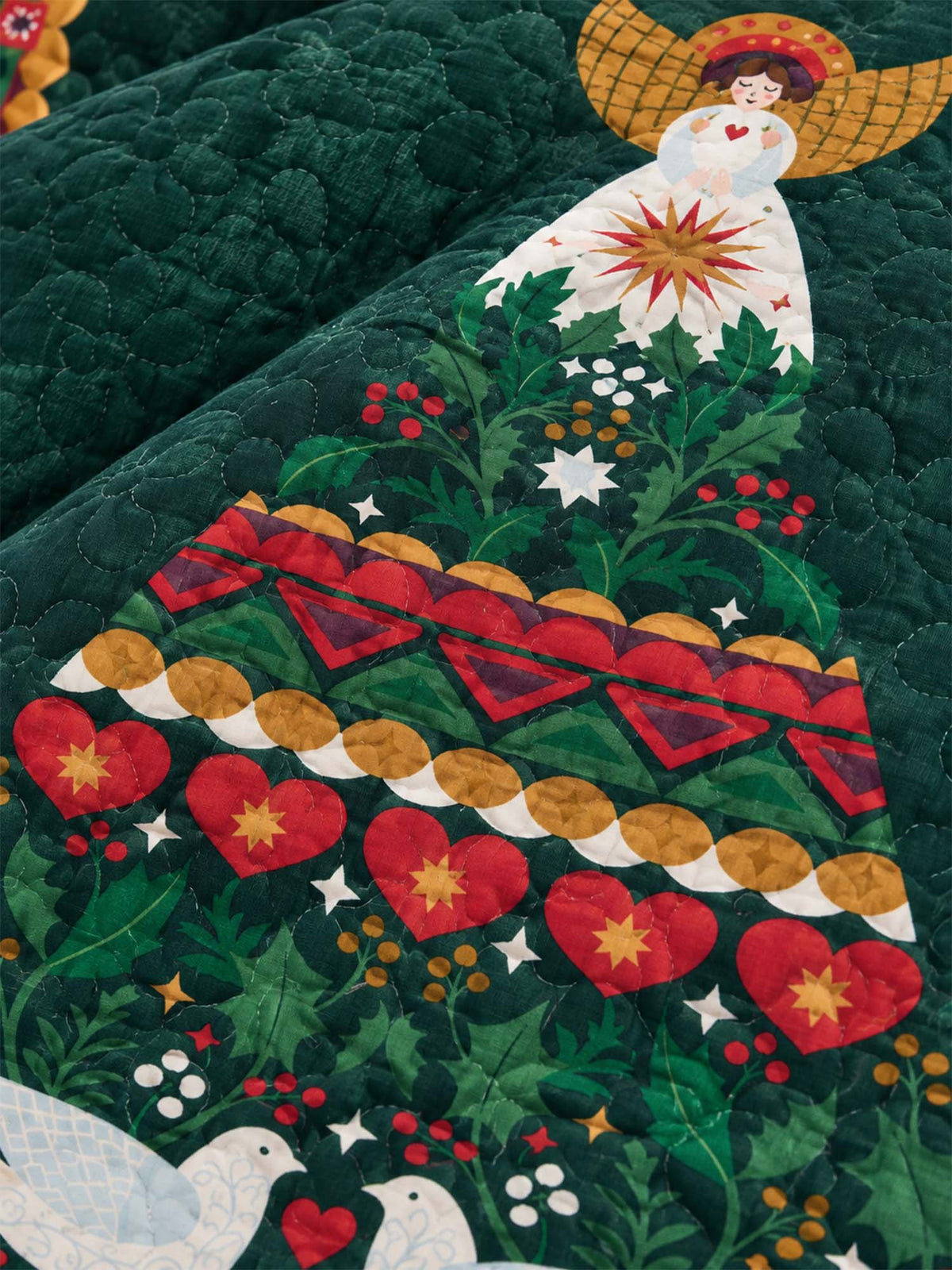 Folk Art Angel Christmas Tree Quilted 3-Piece Bedding Set