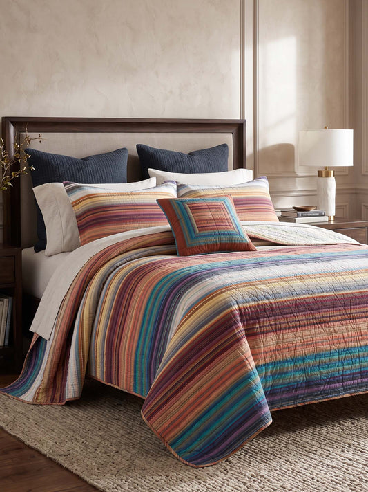 Retro Boho Multicolor Striped 100% Cotton Quilted 3-Piece Bedding Set