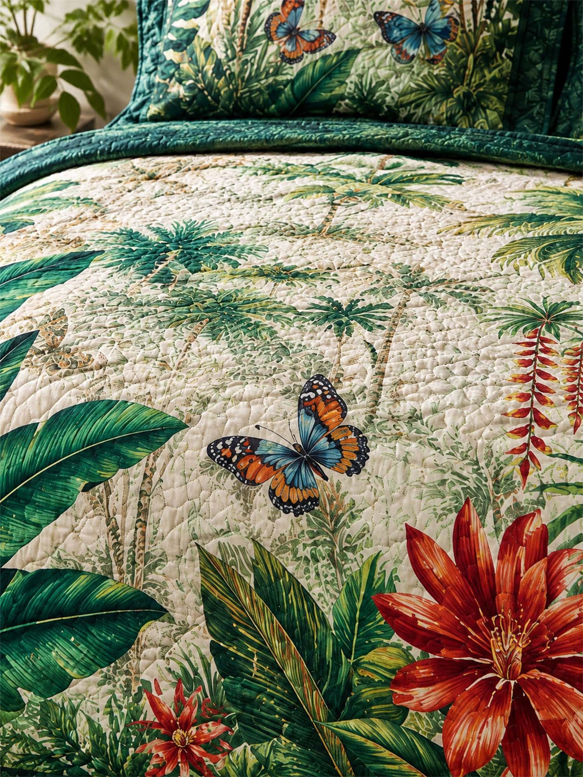 H.PAI Tropical Botanical Quilted 3-Piece Bedding Set