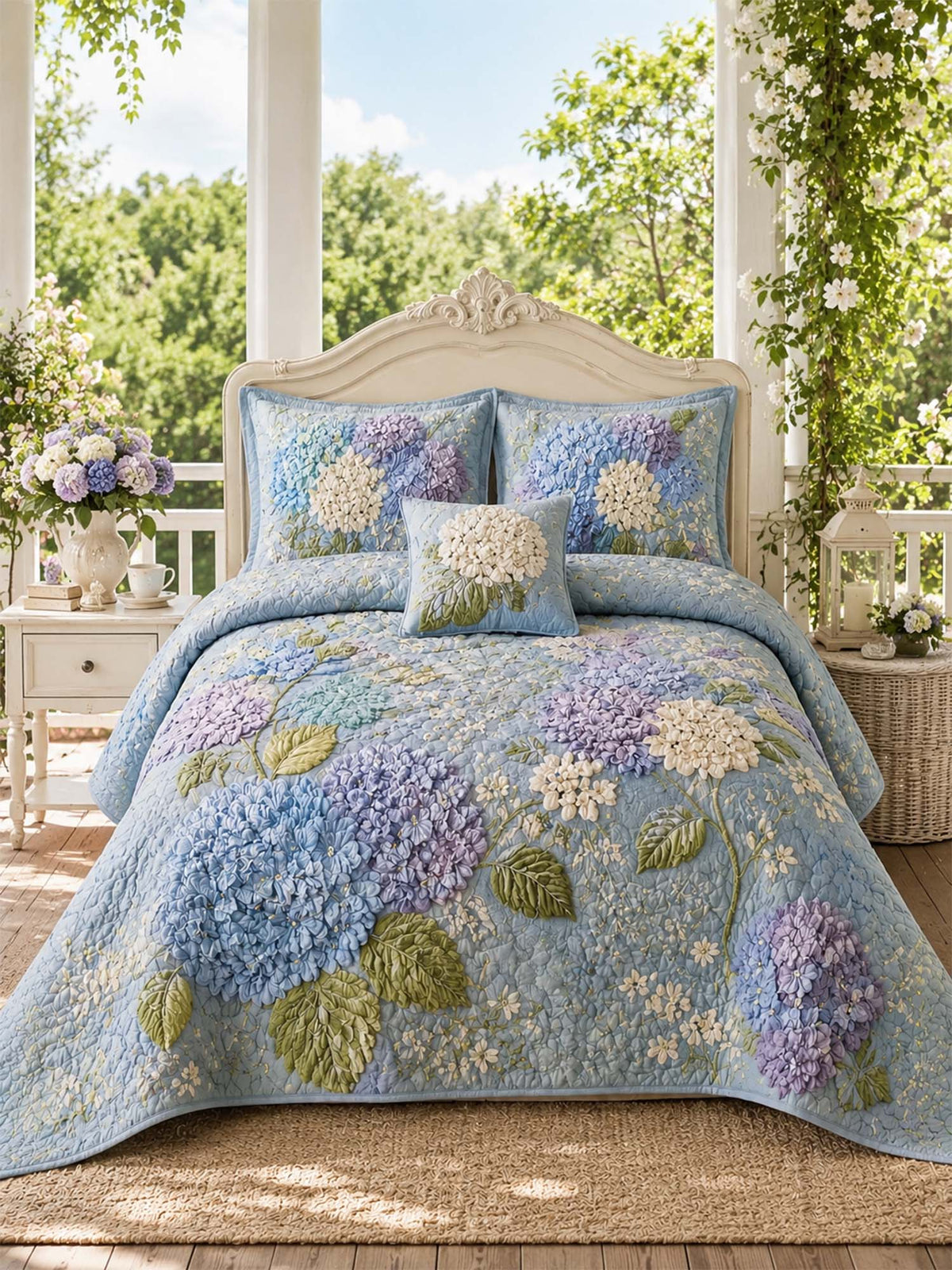 H.PAI Blue Hydrangea Floral Quilted 3-Piece Bedding Set