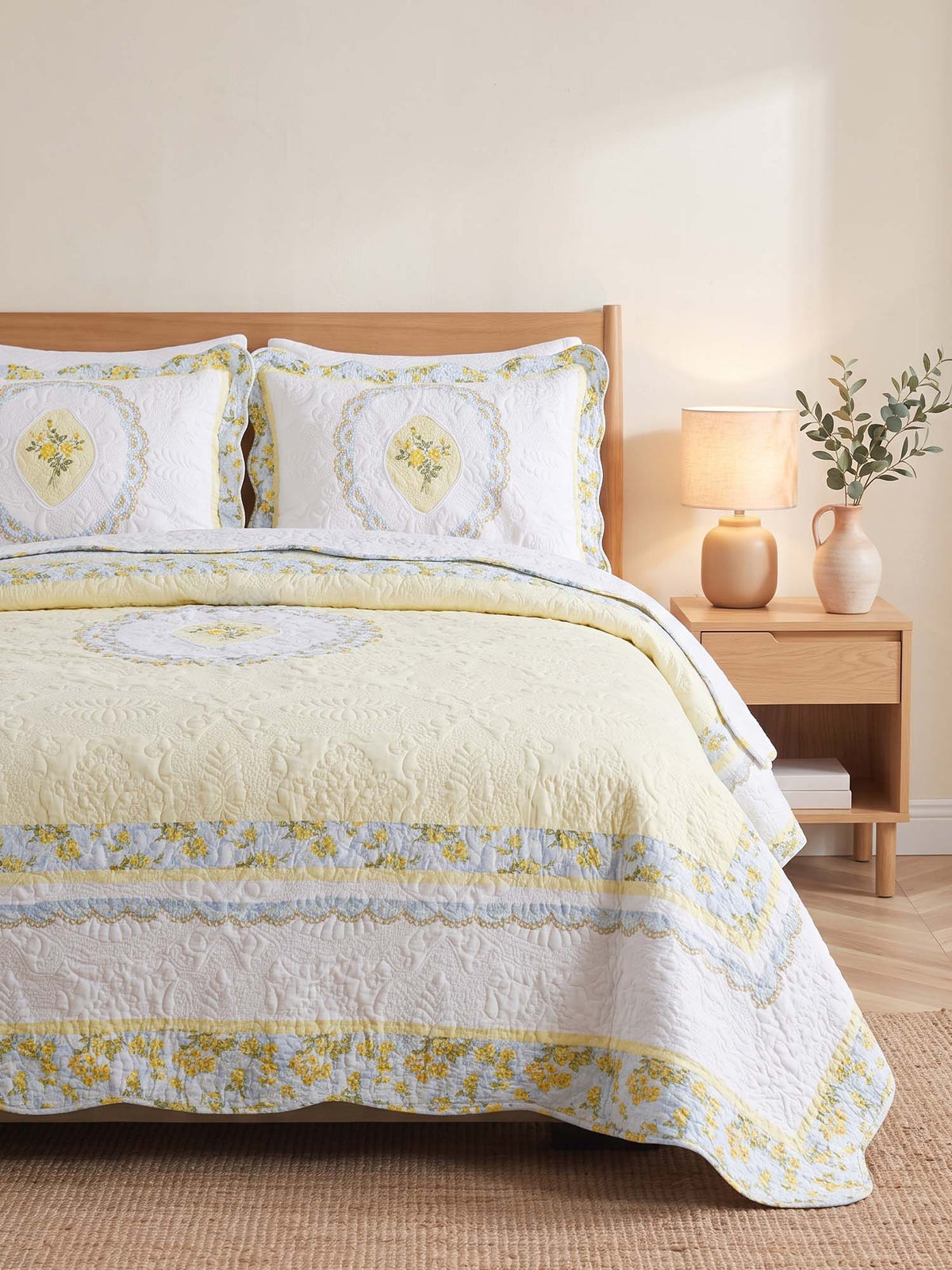 Golden Meadow Embroidered Floral Quilted 3-Piece Bedding Set