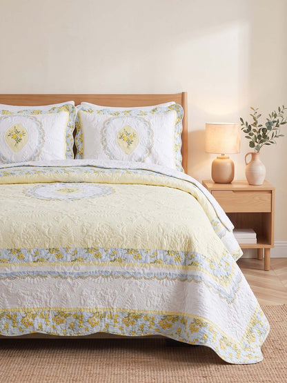 Golden Meadow Embroidered Floral Quilted 3-Piece Bedding Set