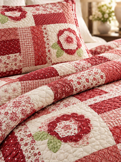 Red Rose Country Patchwork Quilted 3-Piece Bedding Set