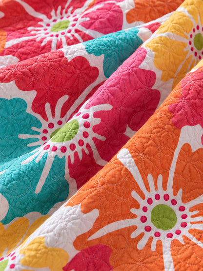 Vibrant Poppy Floral Reversible 100% Cotton Quilted 3-Piece Bedding Set