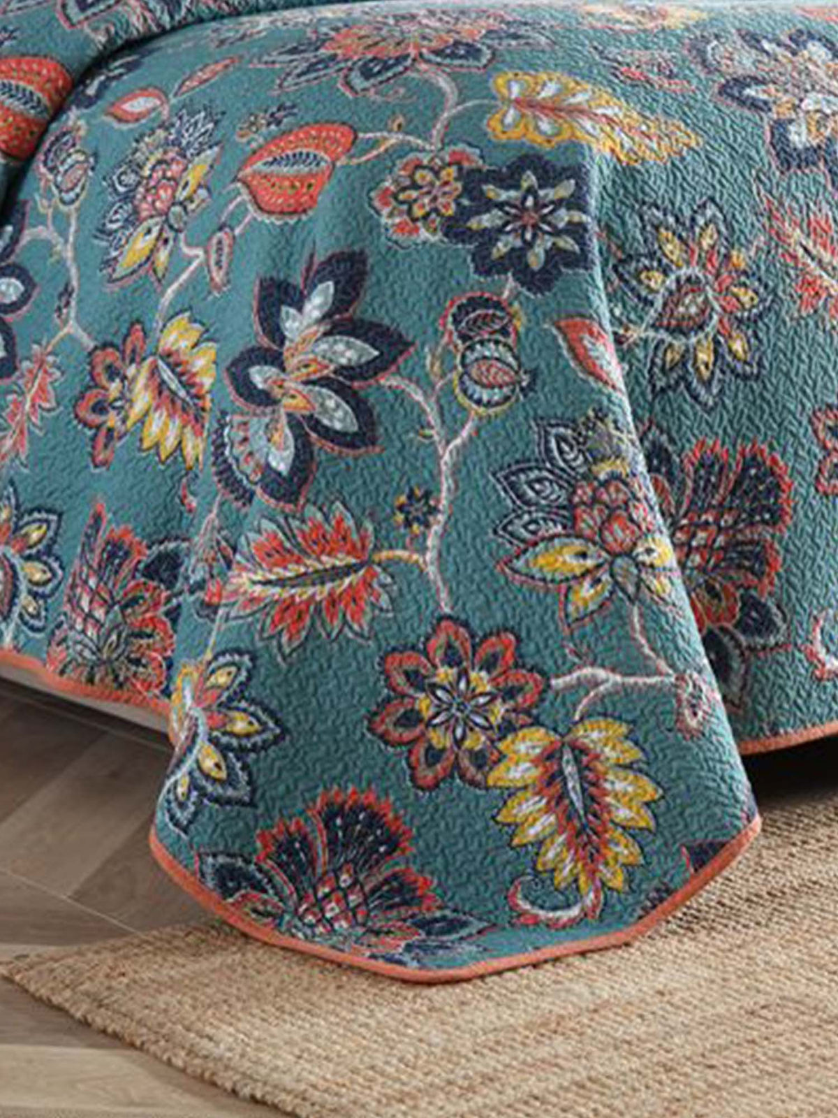 Teal Autumn Bloom Quilted 3-Piece Bedding Set