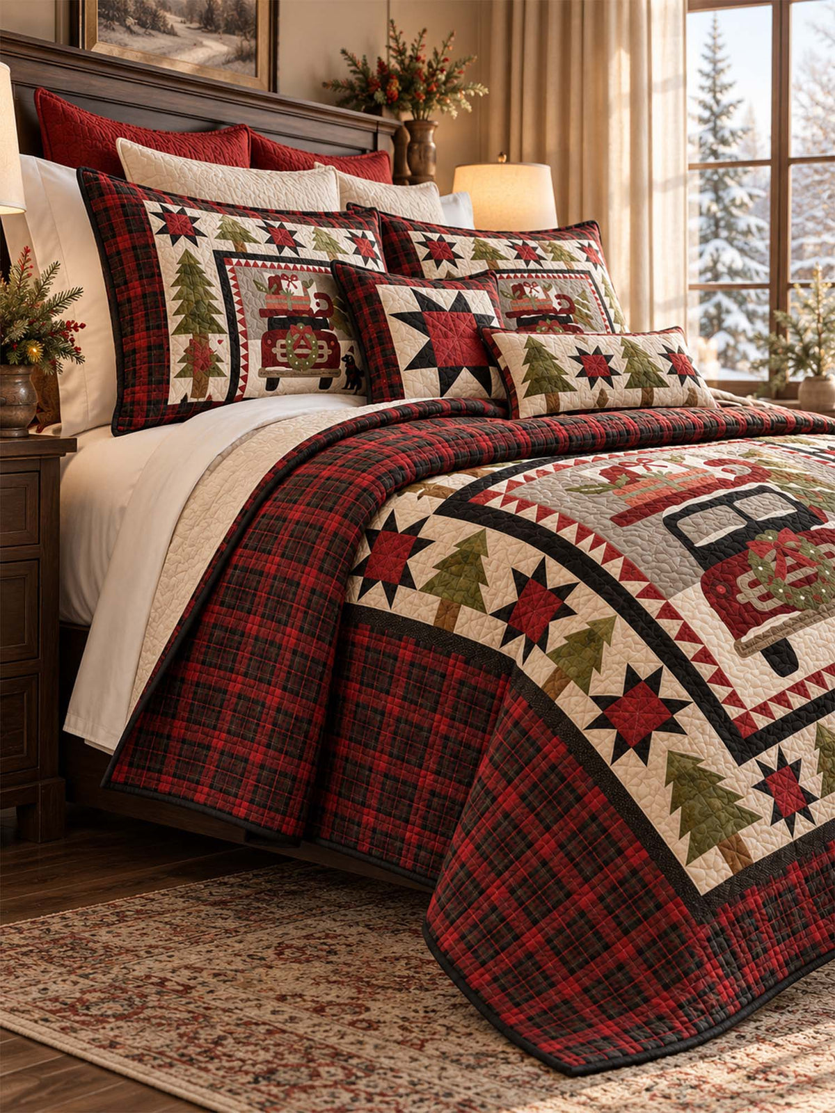 Vintage Christmas Red Truck & Black Cat Plaid Quilted 3-Piece Bedding Set