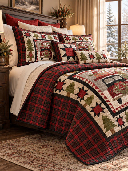 Vintage Christmas Red Truck & Black Cat Plaid Quilted 3-Piece Bedding Set