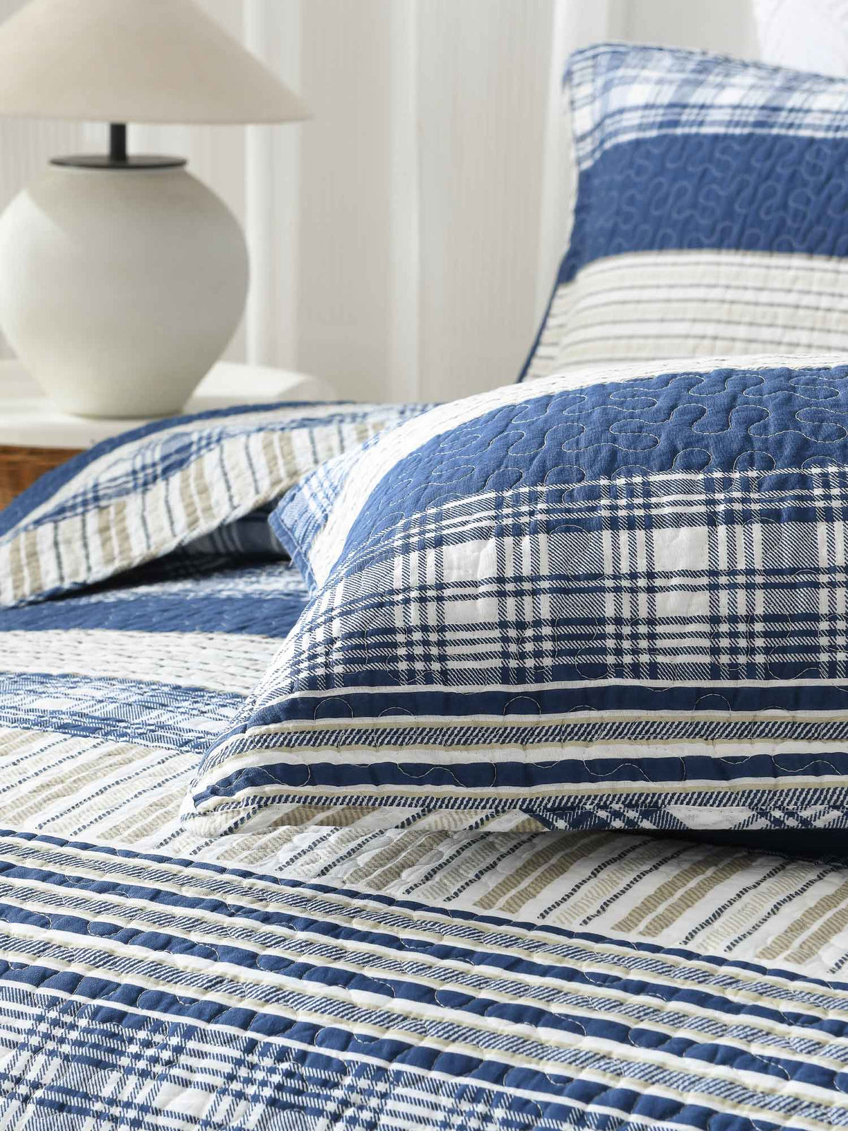 Blue Grey Buffalo Check Patchwork Quilted 3‑Piece Bedding Set