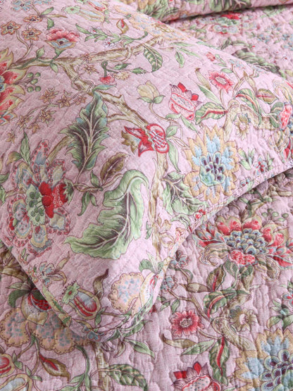 Soft Pink Country Botanical Floral Print Quilted 3‑Piece Bedding Set