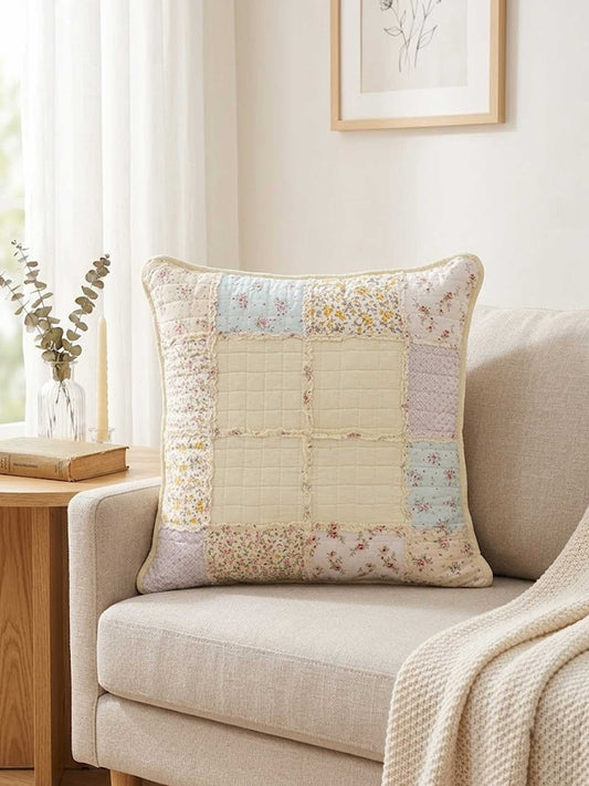 Pastel Floral Grid Quilted Pillow Cover