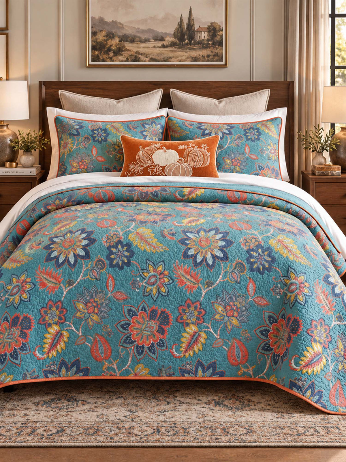 Teal Autumn Bloom Quilted 3-Piece Bedding Set