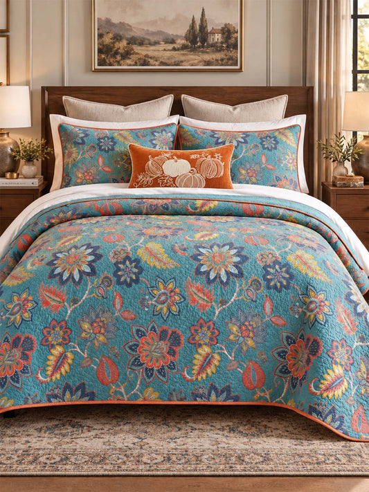 Teal Autumn Bloom Quilted 3-Piece Bedding Set