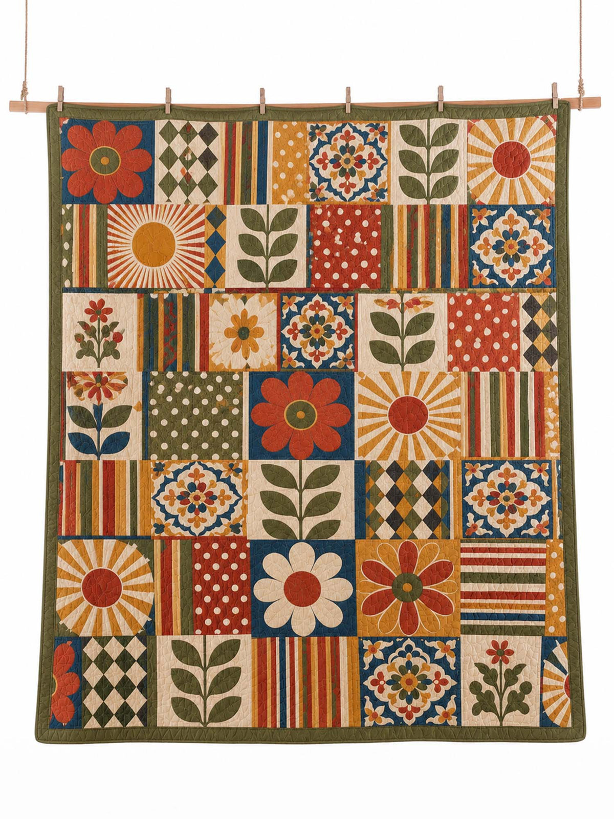 Retro Floral Geometric Patchwork Quilted 3-Piece Bedding Set