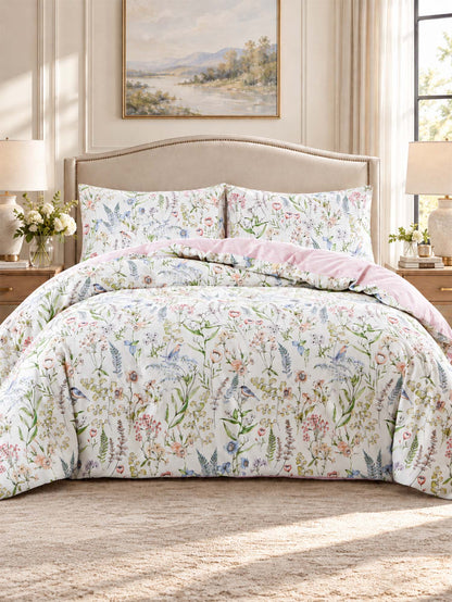 Vintage Botanical Floral Bird 100% Cotton 3-Piece Duvet Cover Bedding Set