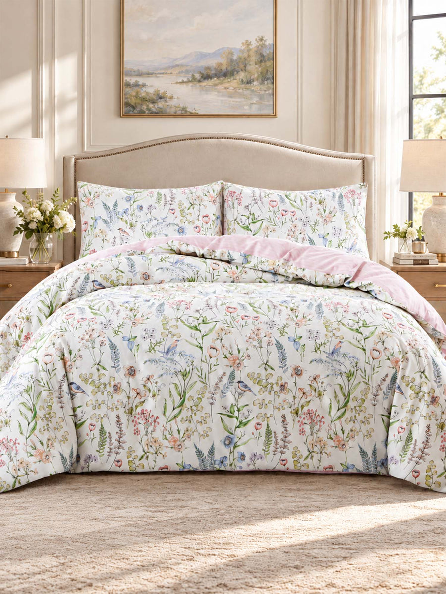 Vintage Botanical Floral Bird 100% Cotton 3-Piece Duvet Cover Bedding Set