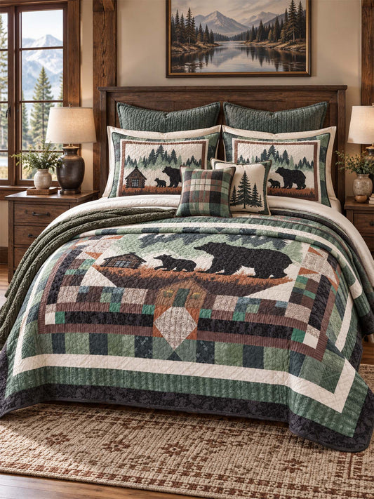 Woodland Bear Family Cabin Patchwork-Style Quilted 3-Piece Bedding Set