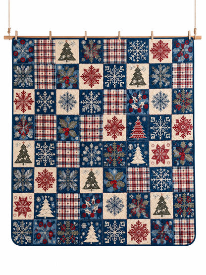 Navy Snowflake Pine Tree Plaid Patchwork Quilted 3-Piece Bedding Set